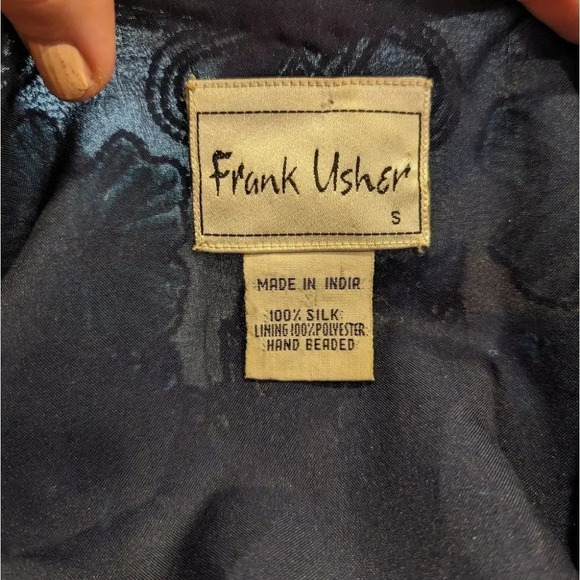 Vintage Frank Usher Blue 100% Silk Hand Beaded Blazer  Jacket Small Grandmacore - Picture 8 of 13